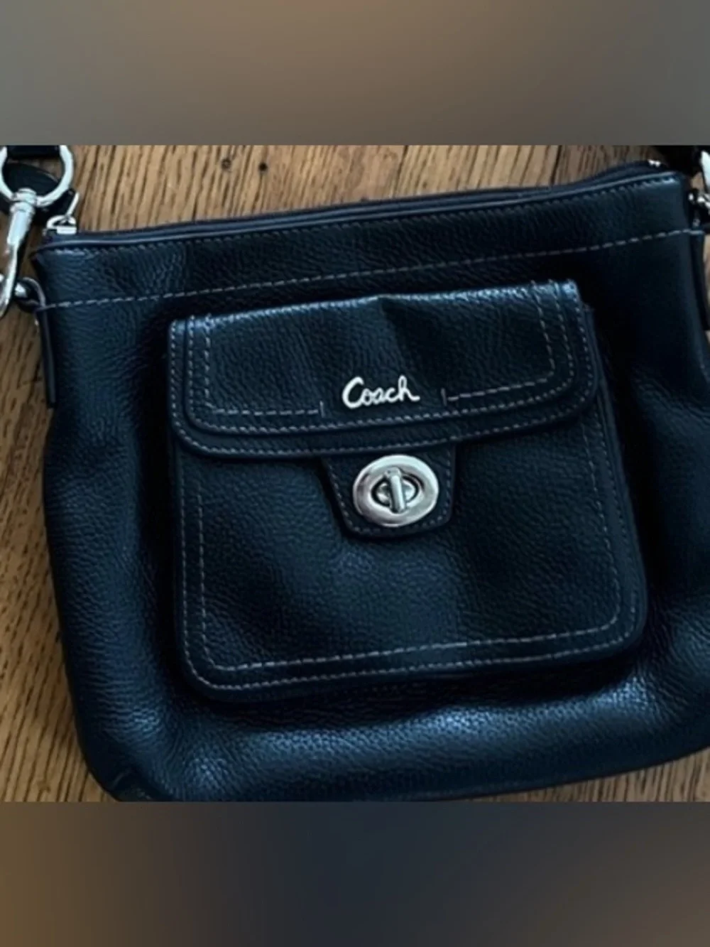 Coach Black Pebbled Leather Crossbody with Turn-Lock Front Pocket silver accent